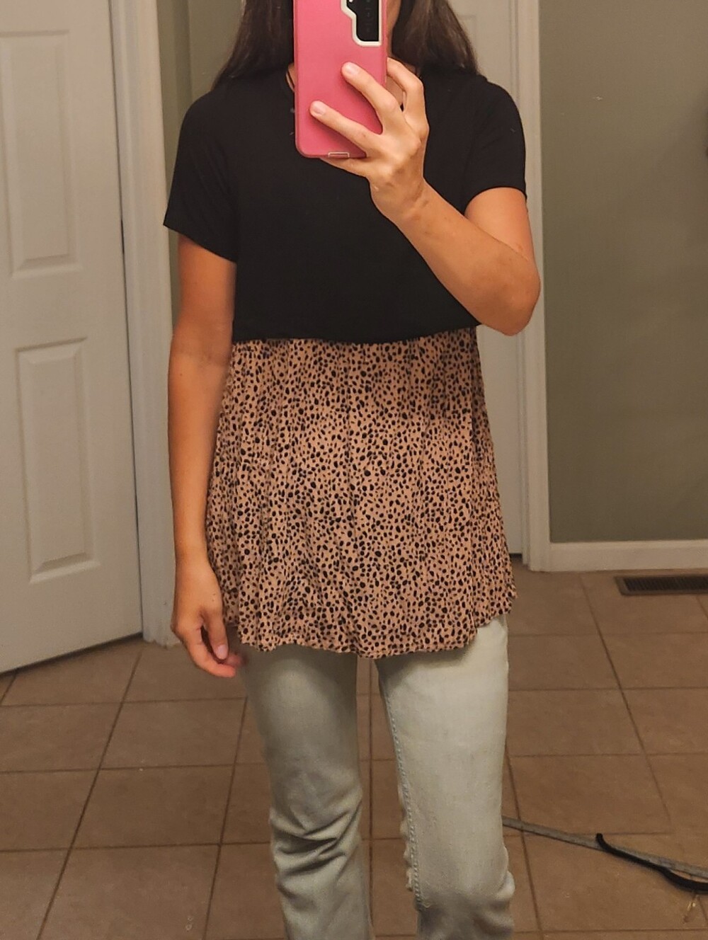 Latched Mama Maternity Nursing Black Top with Tan Leopard-Print